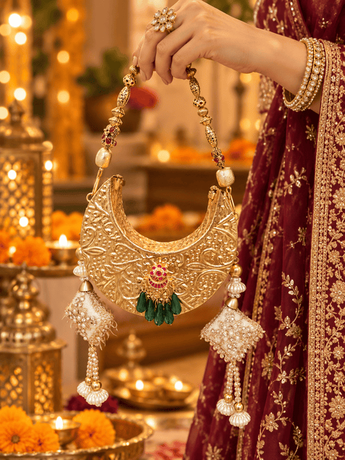 Aganya kreation Clutches Rabab Gold Embellished Designer Bridal Clutch with Pearl Tassels