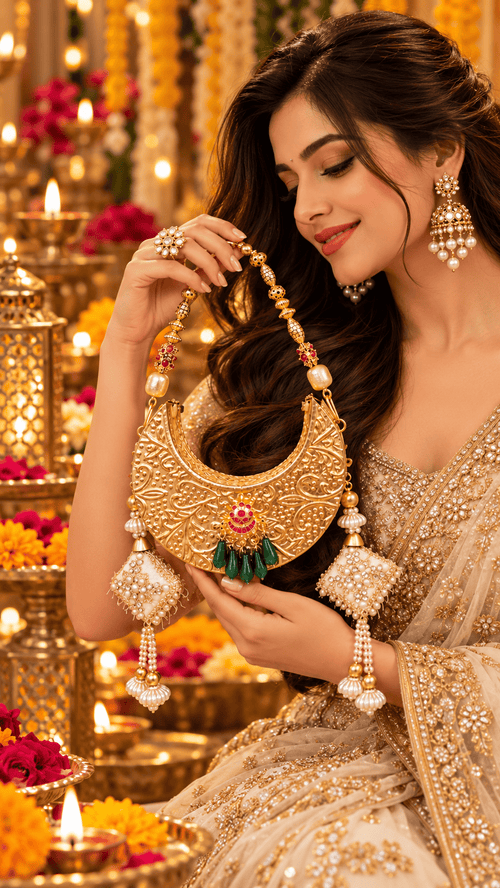 Aganya kreation Clutches Rabab Gold Embellished Designer Bridal Clutch with Pearl Tassels