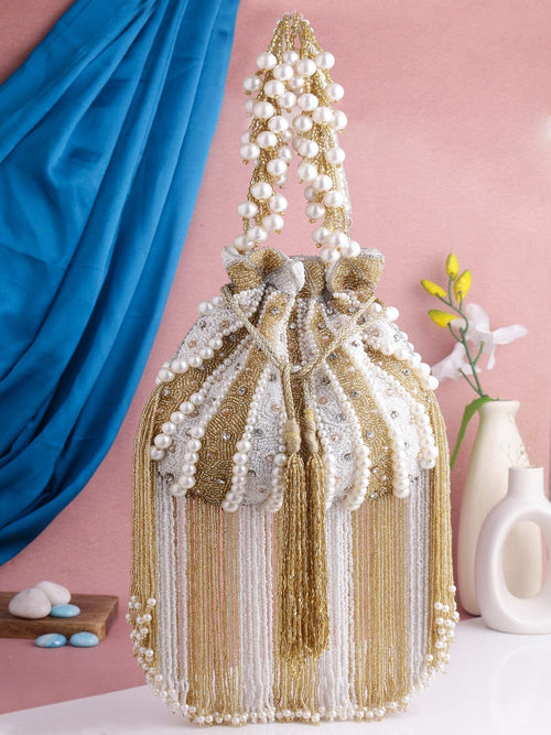 Aganya kreation Clutches Royal Pearl Tassel Bridal Potli Bag