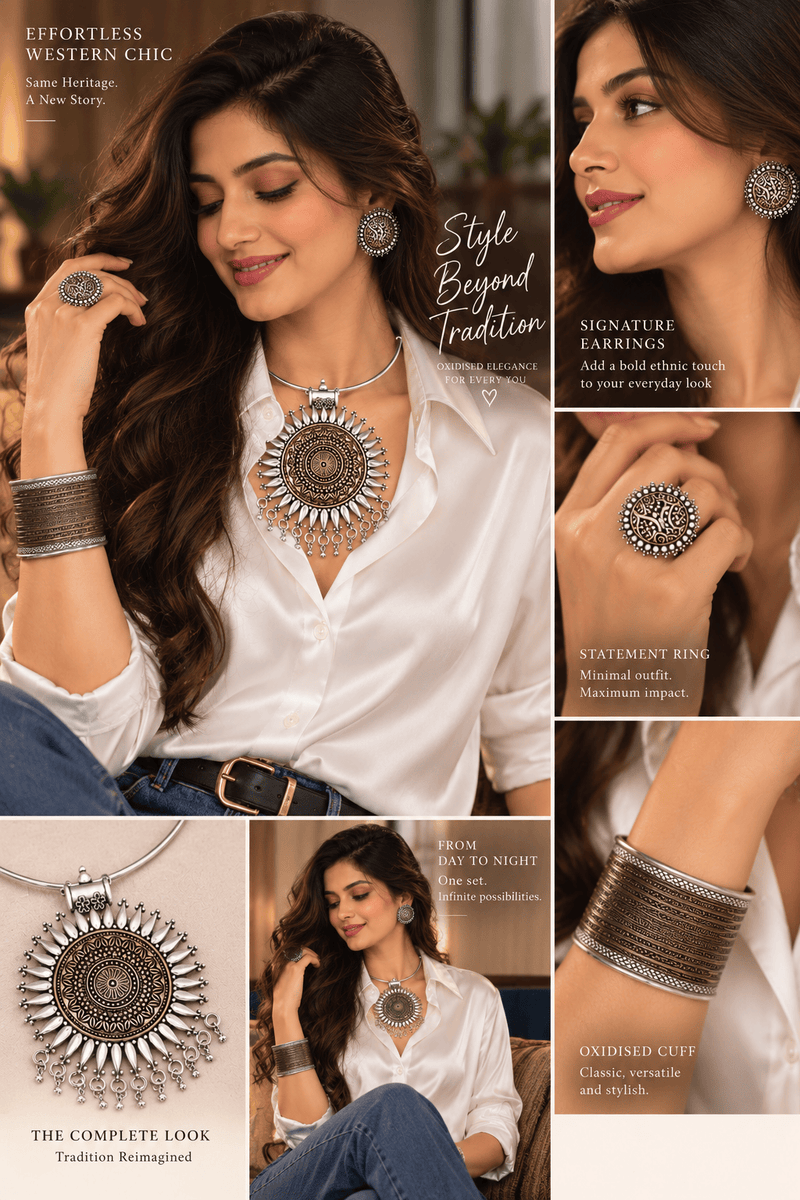 Aganya kreation Combo Aadhya Dual Tone Hasuli Jewellery Combo Set – Necklace, Earrings, Nose Pin, Ring & Adjustable Cuff