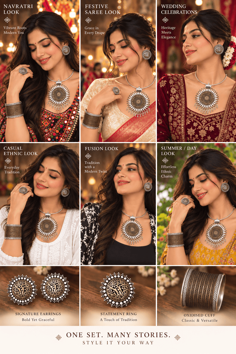 Aganya kreation Combo Aadhya Dual Tone Hasuli Jewellery Combo Set – Necklace, Earrings, Nose Pin, Ring & Adjustable Cuff