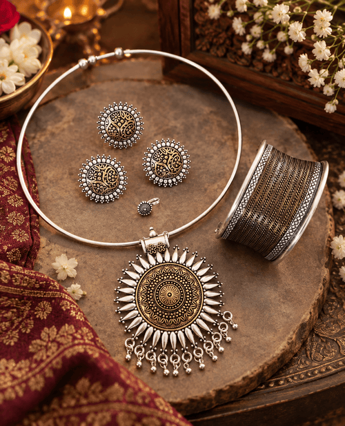 Aganya kreation Combo Aadhya Dual Tone Hasuli Jewellery Combo Set – Necklace, Earrings, Nose Pin, Ring & Adjustable Cuff