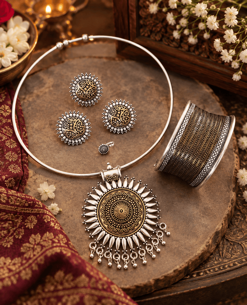 Aganya kreation Combo Aadhya Dual Tone Hasuli Jewellery Combo Set – Necklace, Earrings, Nose Pin, Ring & Adjustable Cuff