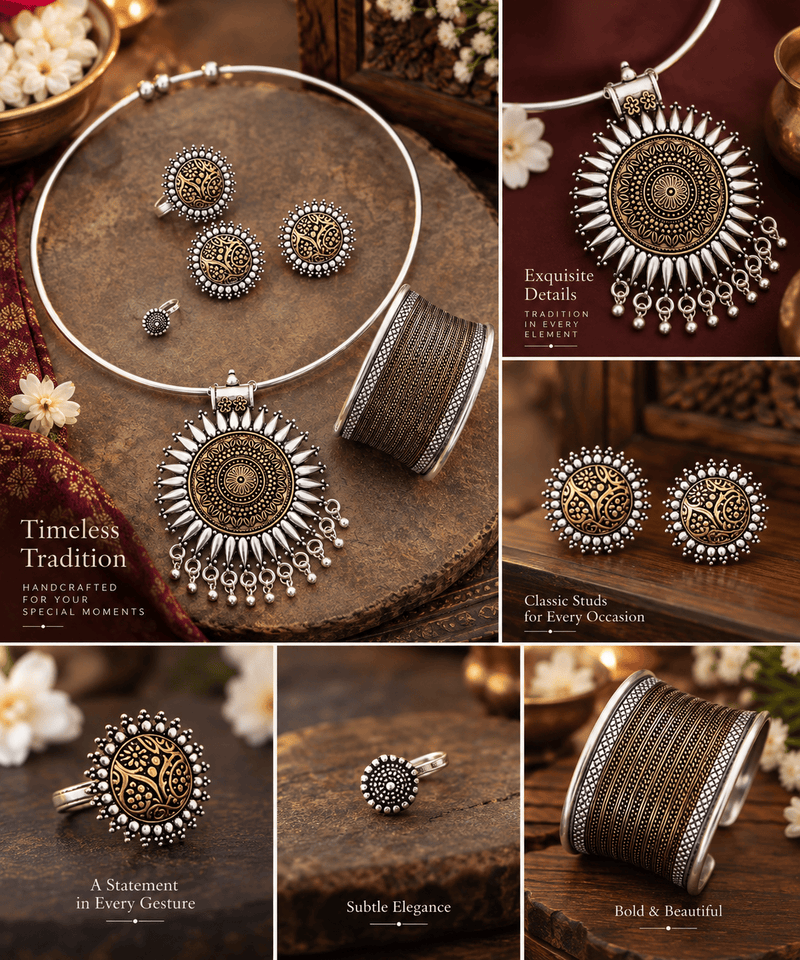 Aganya kreation Combo Aadhya Dual Tone Hasuli Jewellery Combo Set – Necklace, Earrings, Nose Pin, Ring & Adjustable Cuff