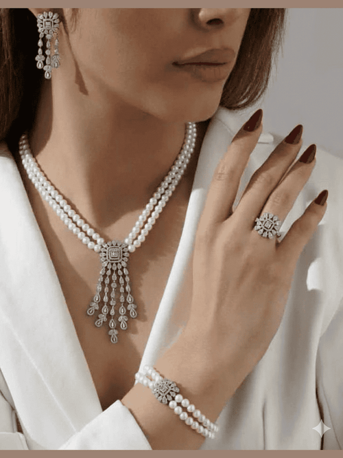 Aganya kreation Combo Ardra The Midnight Grace Pearl And Diamond Set