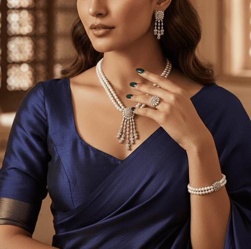 Aganya kreation Combo Ardra The Midnight Grace Pearl And Diamond Set