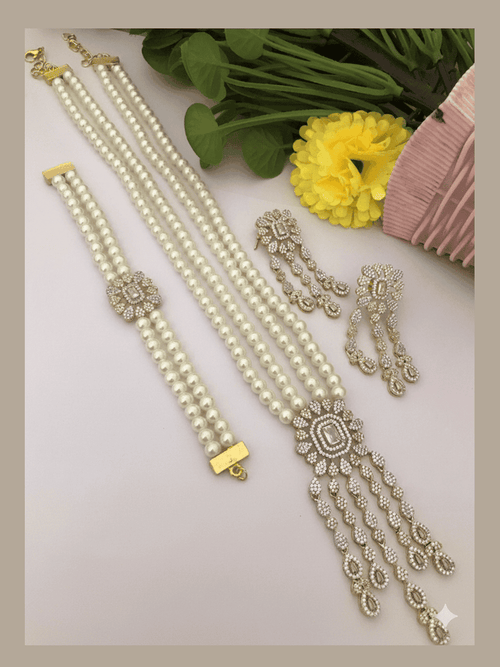 Aganya kreation Combo Ardra The Midnight Grace Pearl And Diamond Set Golden