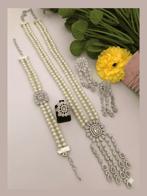 Aganya kreation Combo Ardra The Midnight Grace Pearl And Diamond Set Silver