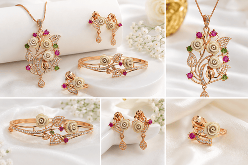 Aganya kreation Combo Roselle Bloom – Rose Gold Floral Jewelry Set