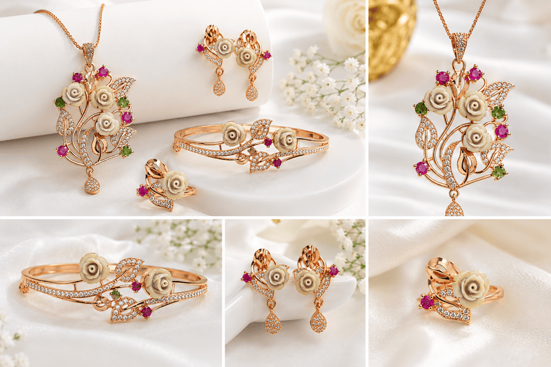Aganya kreation Combo Roselle Bloom – Rose Gold Floral Jewelry Set