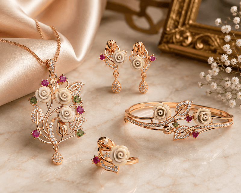Aganya kreation Combo Roselle Bloom – Rose Gold Floral Jewelry Set