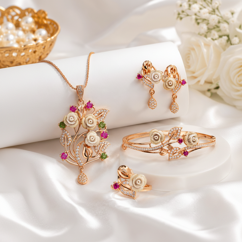 Aganya kreation Combo Roselle Bloom – Rose Gold Floral Jewelry Set