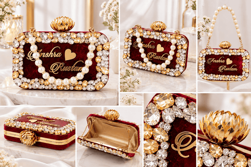 Aganya kreation Customisable clutches Pranavi Personalized Burgundy Bridal Clutch Bag with Pearl Handle & Custom Name