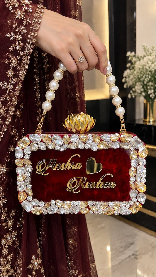 Aganya kreation Customisable clutches Pranavi Personalized Burgundy Bridal Clutch Bag with Pearl Handle & Custom Name