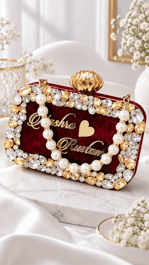 Aganya kreation Customisable clutches Pranavi Personalized Burgundy Bridal Clutch Bag with Pearl Handle & Custom Name