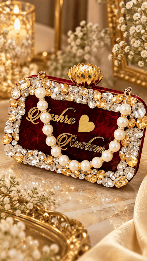 Aganya kreation Customisable clutches Pranavi Personalized Burgundy Bridal Clutch Bag with Pearl Handle & Custom Name