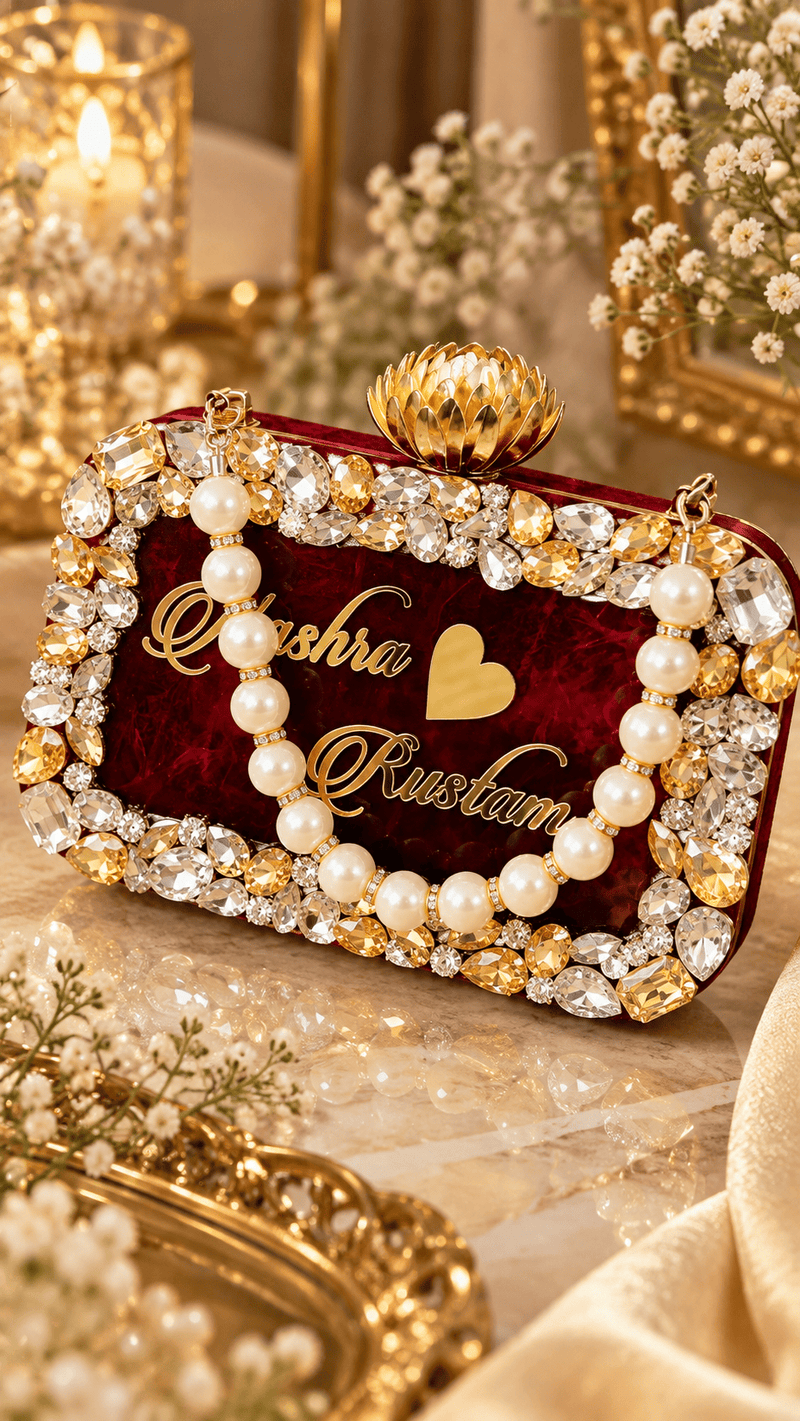 Aganya kreation Customisable clutches Pranavi Personalized Burgundy Bridal Clutch Bag with Pearl Handle & Custom Name