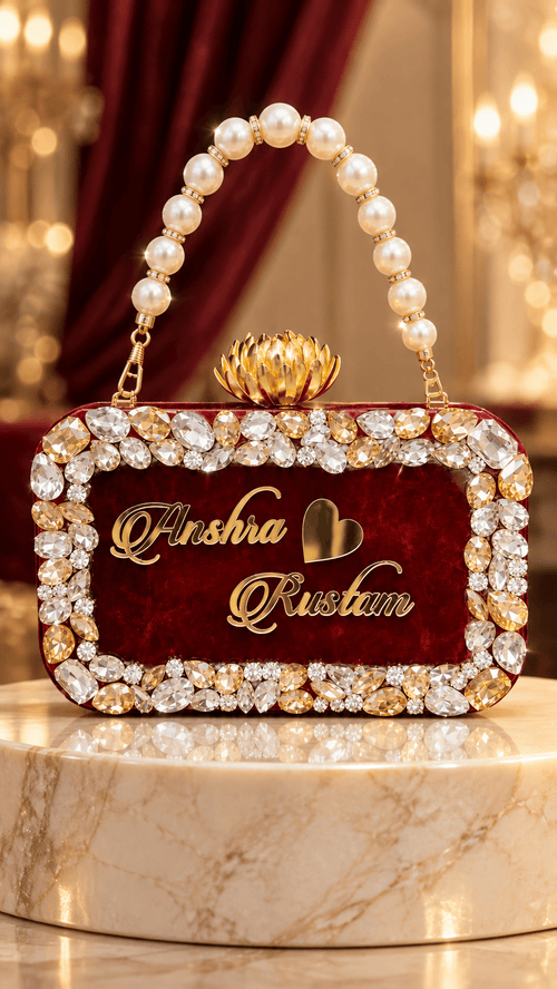 Aganya kreation Customisable clutches Pranavi Personalized Burgundy Bridal Clutch Bag with Pearl Handle & Custom Name