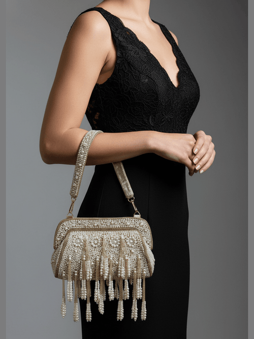 Aganya kreation Designer clutches Jannat Luxury Pearl Beaded Fringe Handbag
