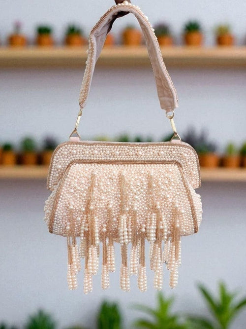 Aganya kreation Designer clutches Jannat Luxury Pearl Beaded Fringe Handbag Blush pink with cream