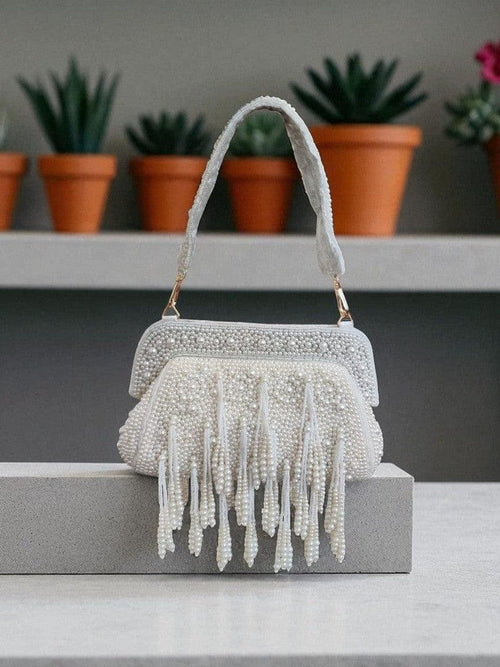 Aganya kreation Designer clutches Jannat Luxury Pearl Beaded Fringe Handbag Ivory or white