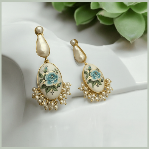 Aganya kreation Earrings Afea Real Pearl Earrings - Hand-Painted Floral Design