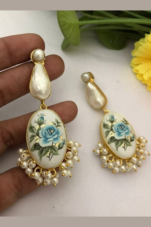 Aganya kreation Earrings Afea Real Pearl Earrings - Hand-Painted Floral Design