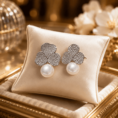 Aganya kreation Earrings American Diamond Three Leaf Pearl Drop Earrings – Nano Setting | Gold & Silver