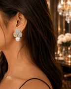 Aganya kreation Earrings American Diamond Three Leaf Pearl Drop Earrings – Nano Setting | Gold & Silver