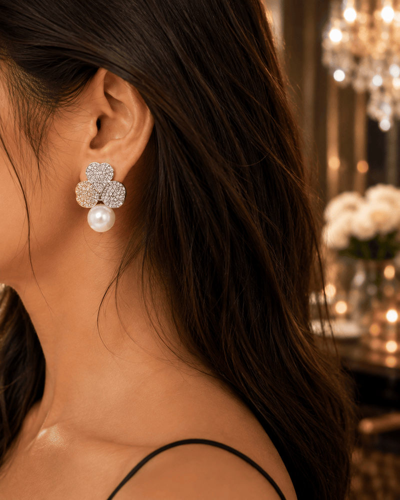Aganya kreation Earrings American Diamond Three Leaf Pearl Drop Earrings – Nano Setting | Gold & Silver