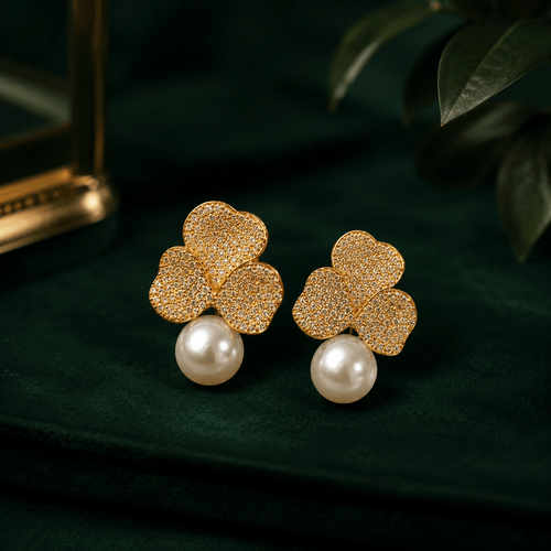 Aganya kreation Earrings American Diamond Three Leaf Pearl Drop Earrings – Nano Setting | Gold & Silver Gold plated