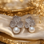 Aganya kreation Earrings American Diamond Three Leaf Pearl Drop Earrings – Nano Setting | Gold & Silver Silver plated