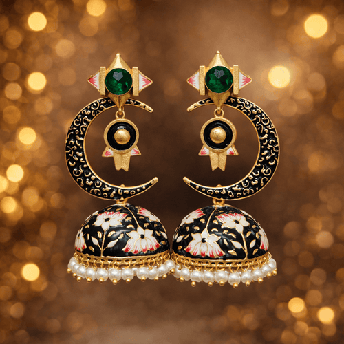 Aganya kreation Earrings Half Moon Jhumki - Elegant Chand Jhumki Jewelry Black and Green stone