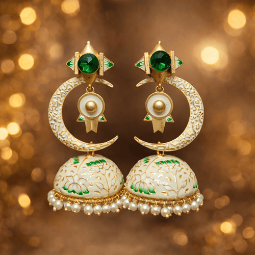 Aganya kreation Earrings Half Moon Jhumki - Elegant Chand Jhumki Jewelry Cream and green stone