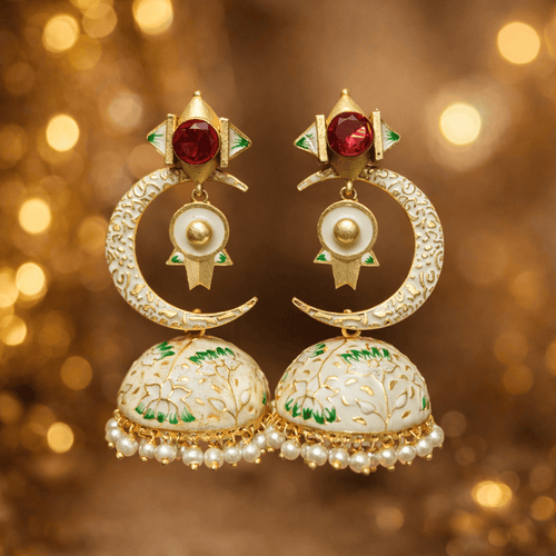 Aganya kreation Earrings Half Moon Jhumki - Elegant Chand Jhumki Jewelry Cream and red stone