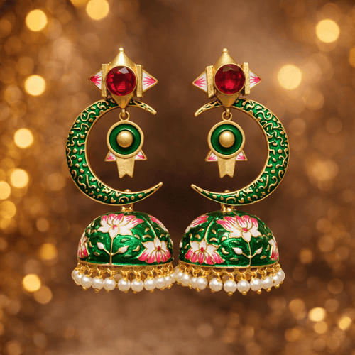 Aganya kreation Earrings Half Moon Jhumki - Elegant Chand Jhumki Jewelry Dark Green and red stone