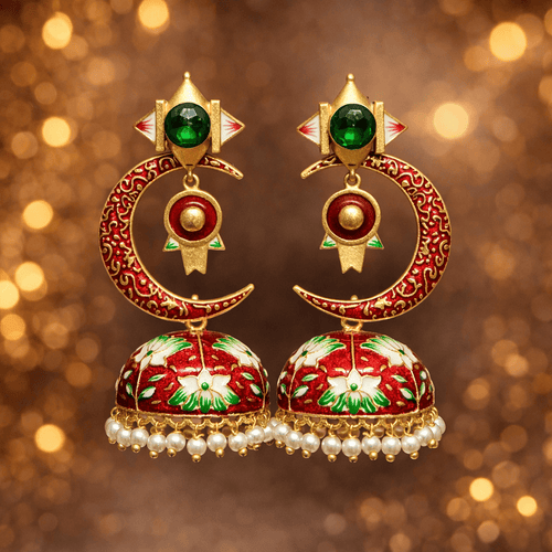 Aganya kreation Earrings Half Moon Jhumki - Elegant Chand Jhumki Jewelry Maroon Red and Green stone