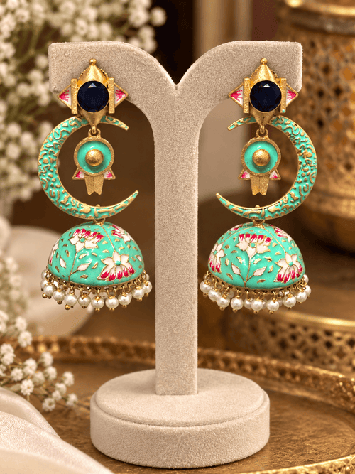 Aganya kreation Earrings Half Moon Jhumki - Elegant Chand Jhumki Jewelry Mint green and blue stone