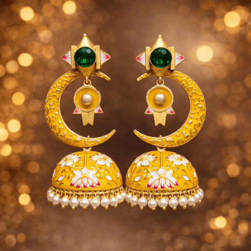 Aganya kreation Earrings Half Moon Jhumki - Elegant Chand Jhumki Jewelry Turmeric Yellow and Green stone