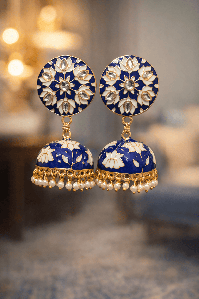 Aganya kreation Earrings Lotus Earing - Exquisite Meenakari & Brass Jewelry Dark Blue & White