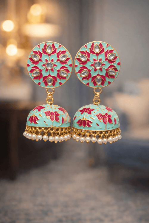 Aganya kreation Earrings Lotus Earing - Exquisite Meenakari & Brass Jewelry Pastel Green & Rani