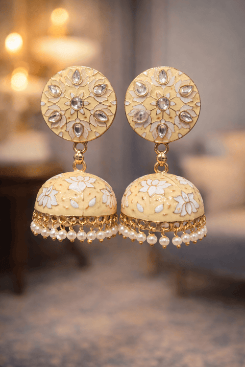Aganya kreation Earrings Lotus Earing - Exquisite Meenakari & Brass Jewelry Pastel Yellow & White