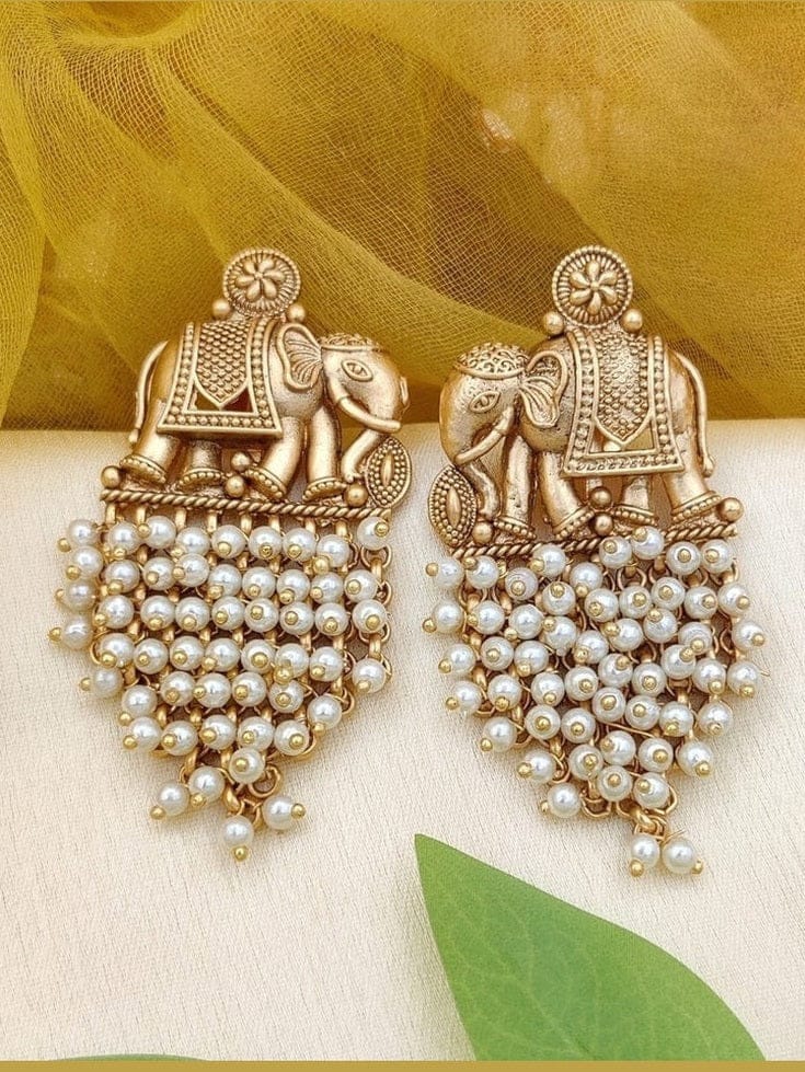 Aganya kreation Earrings Maneka Antique Matte Finish Elephant Jhumka Earrings White