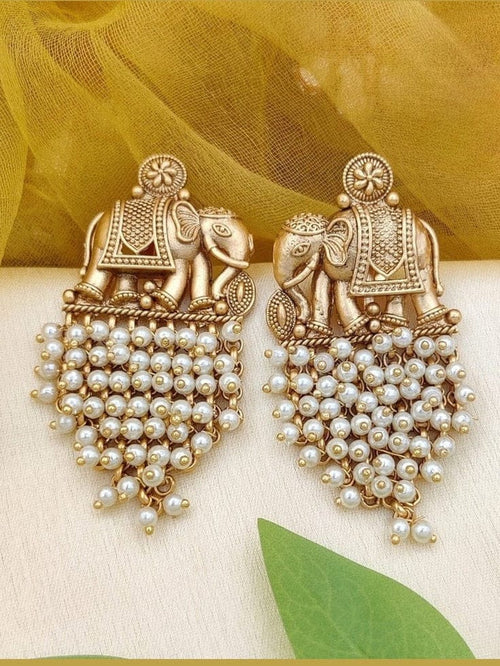 Aganya kreation Earrings Maneka Antique Matte Finish Elephant Jhumka Earrings White