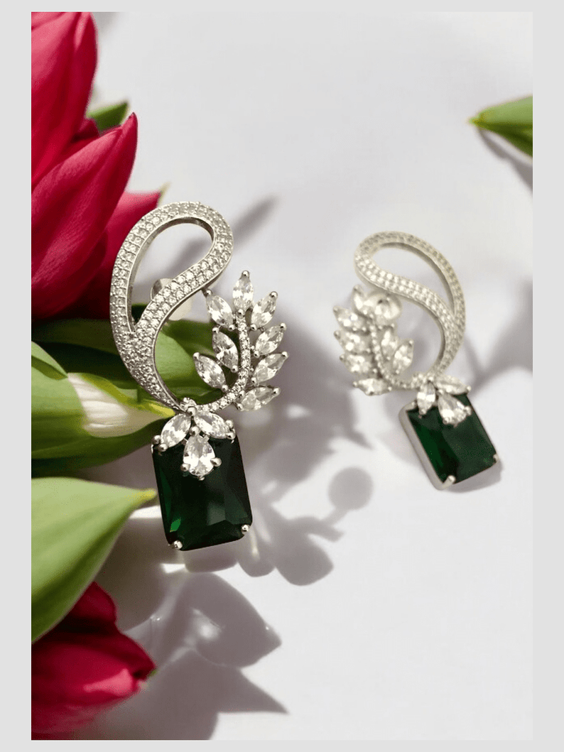 Aganya kreation Earrings Safia Diamond Look Earrings - Elegant Silver Plated Design Emerald green