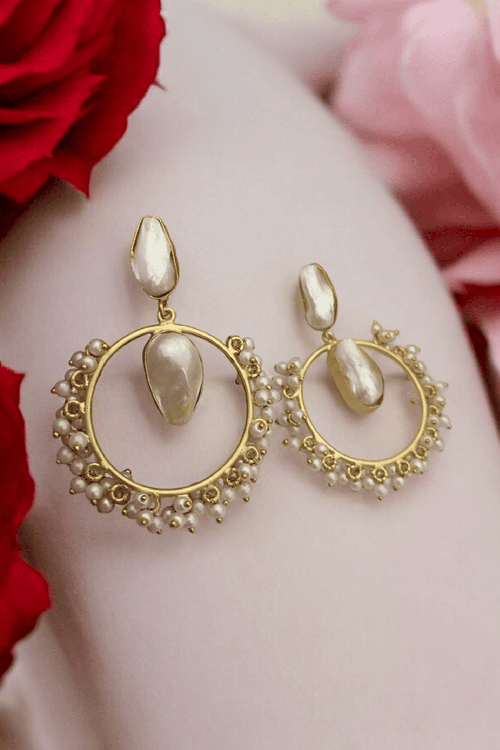 Aganya kreation Earrings Simona Real Pearl Jhumka Earrings - Elegant Brass Design