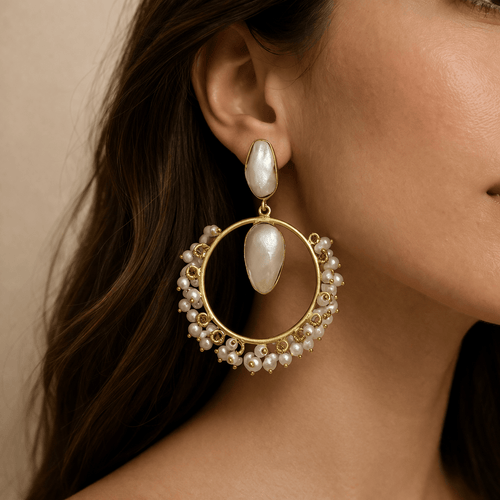 Aganya kreation Earrings Simona Real Pearl Jhumka Earrings - Elegant Brass Design