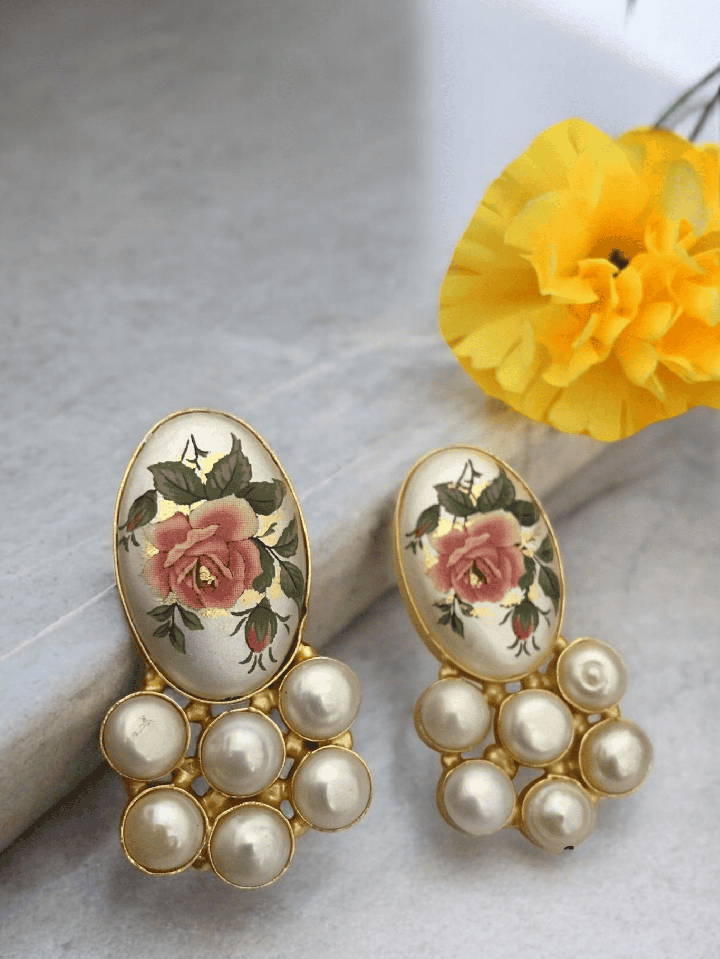 Aganya kreation Earrings Tamia Real Pearl Earrings - Elegant Brass & Gold Plating  flower Pink flower