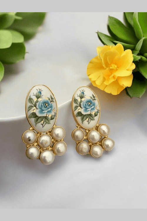 Aganya kreation Earrings Tamia Real Pearl Earrings - Elegant Brass & Gold Plating  flower Sky blue flower