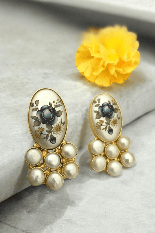 Aganya kreation Earrings Tamia Real Pearl Earrings - Elegant Brass & Gold Plating  flower Dark blue flower